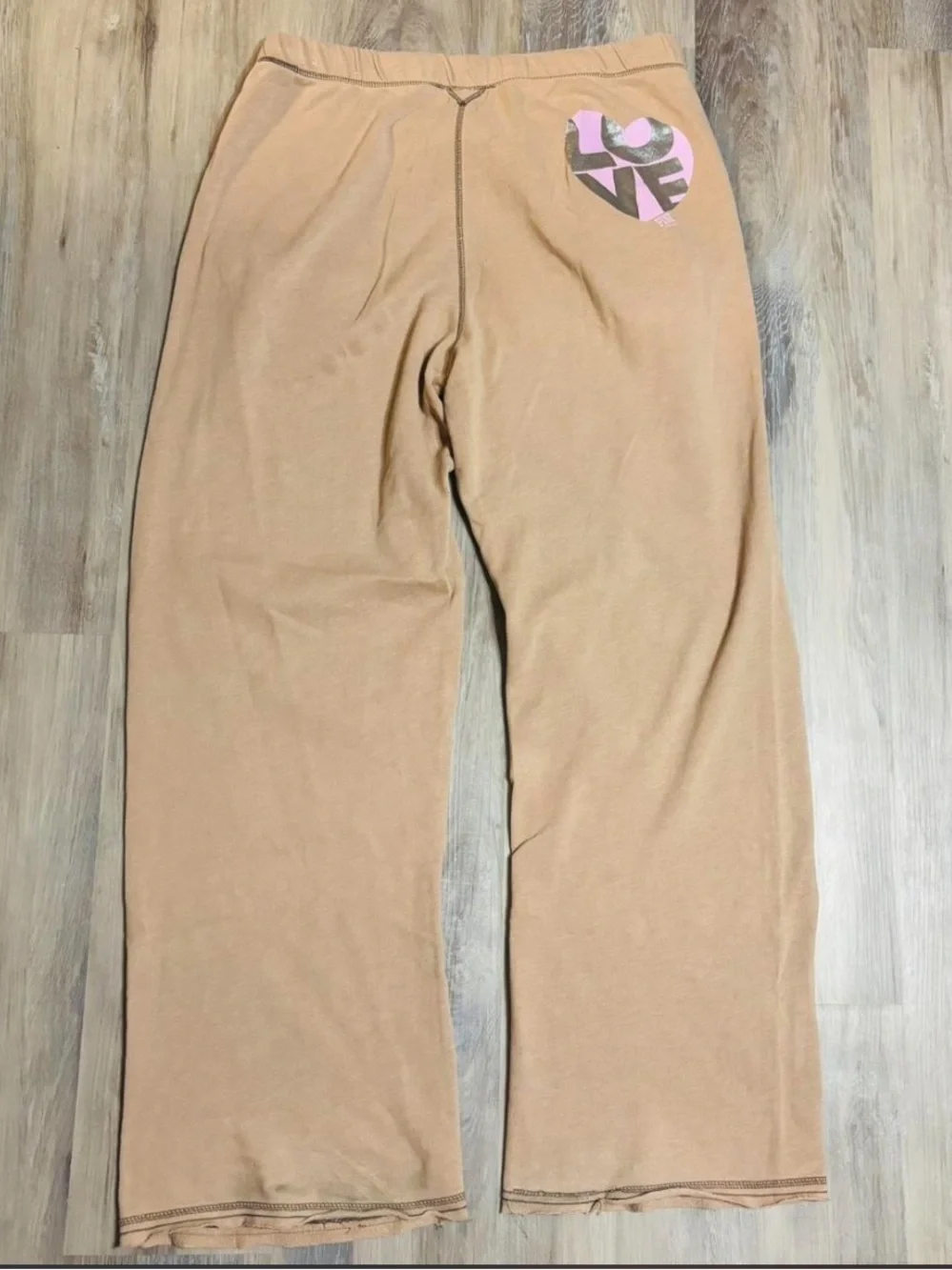 Y2K PINK Tan Wide Leg Lounge Pants With Love heart design size Medium